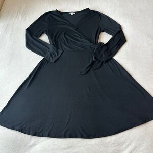 Allison Brittney Black Faux Wrap Dress Long Sleeve V-Neck Tie Waist Size L